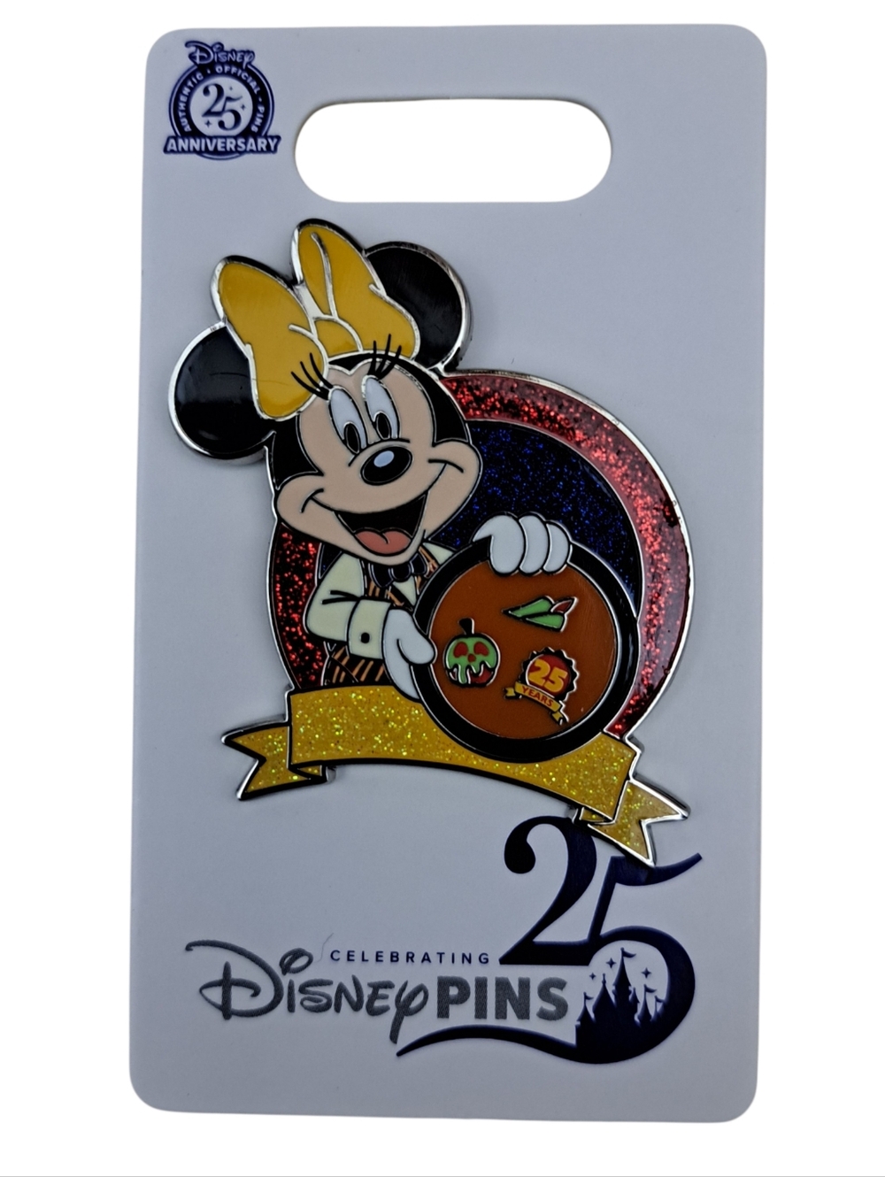 Disney Minnie Mouse Glitter Anniversary Pin - Yellow Bow, Red & Blue Background